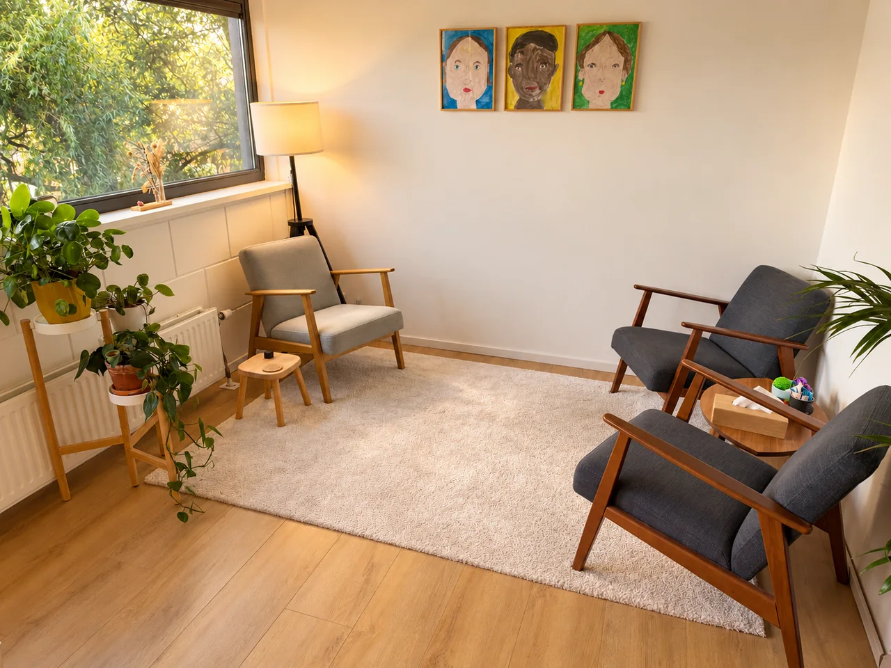 De behandelkamer met fauteuils, planten en warm licht